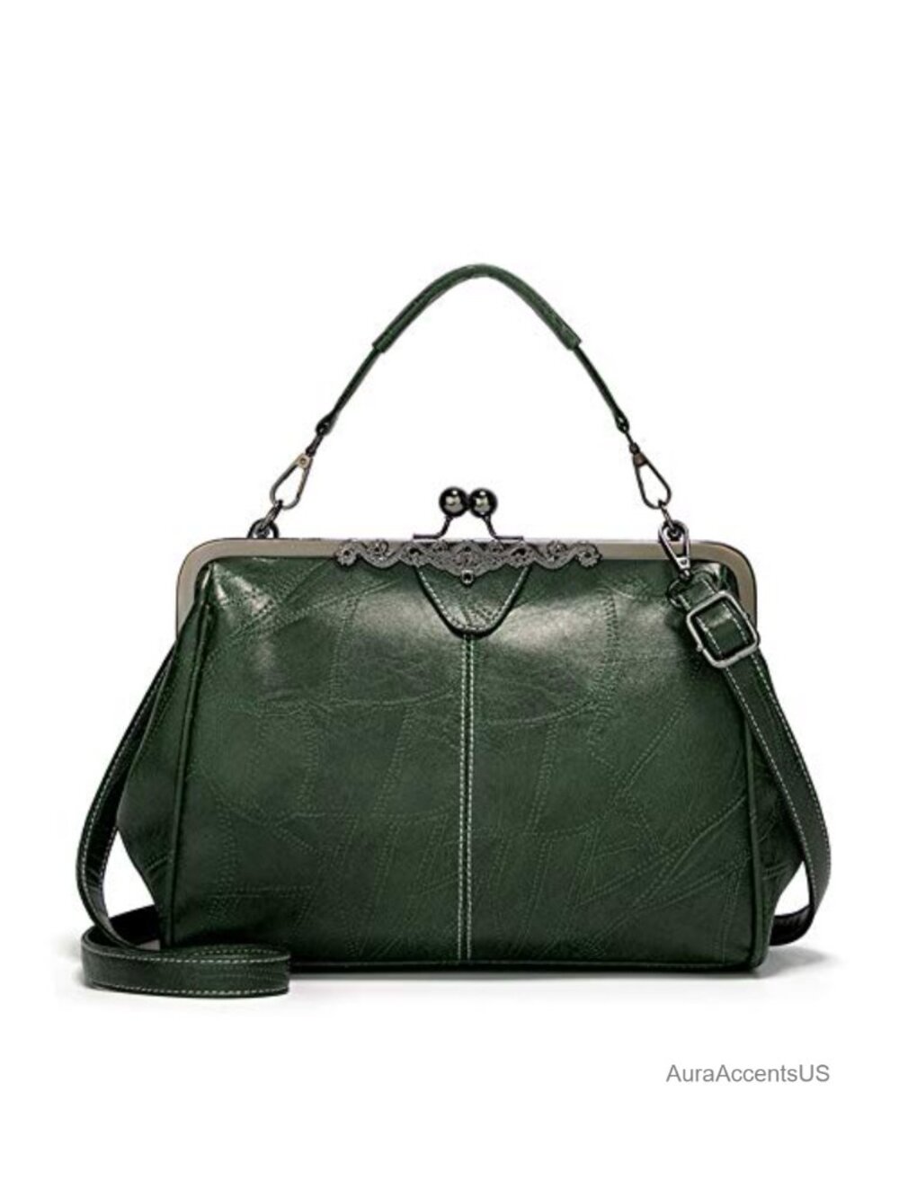 Women Retro Oil Wax PU Leather Handbag with Kiss Lock Crossbody Bag